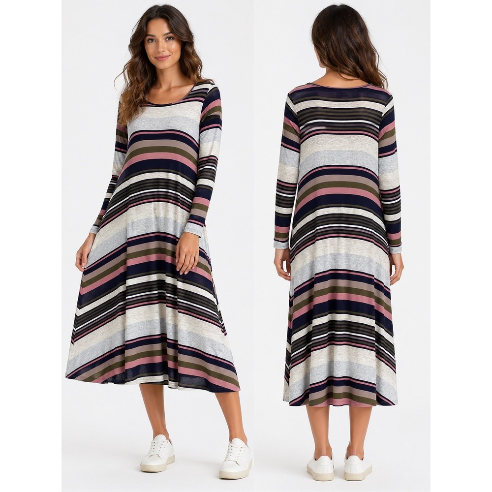 Agnes‎ & Dora Swing Dress Womens M/L Multi Color Striped Long Sleeve Midi Boho